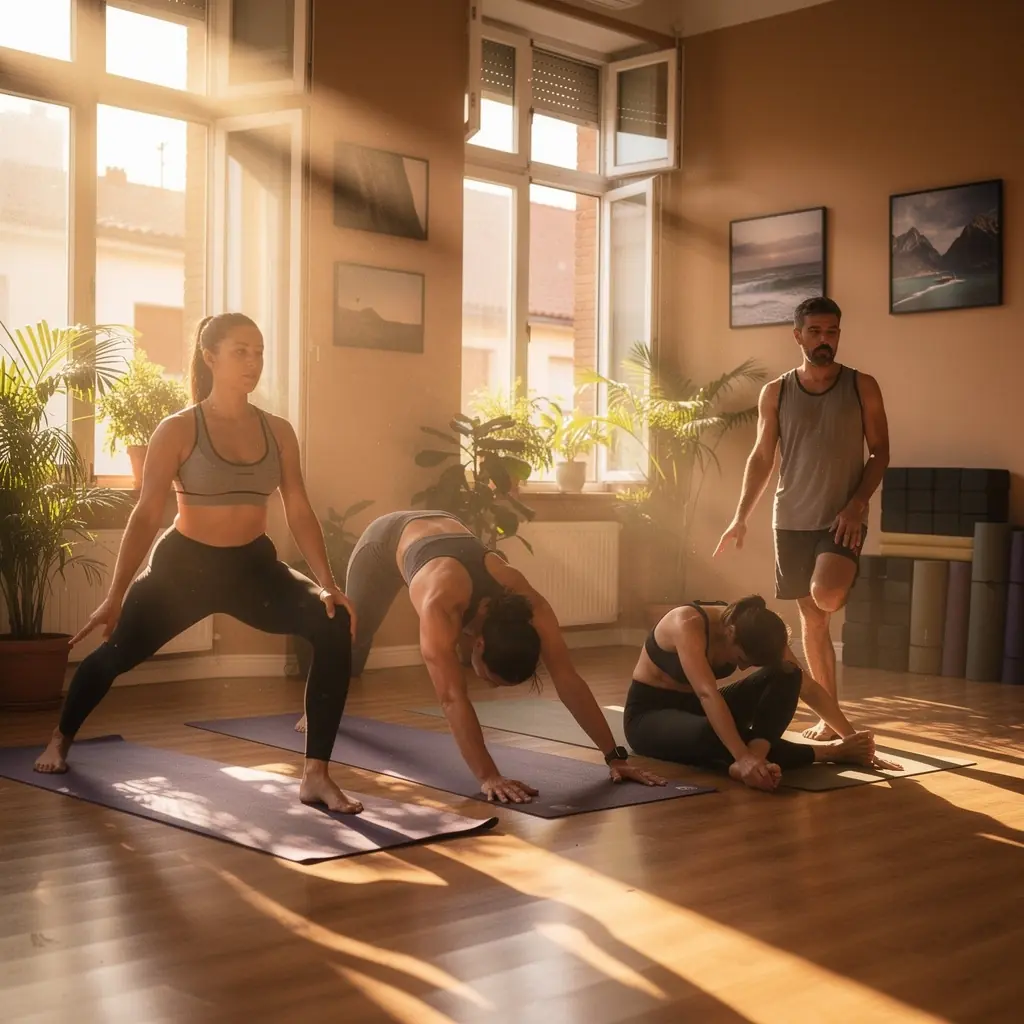 Instructora guiando una clase de yoga en un espacio con temperatura elevada.