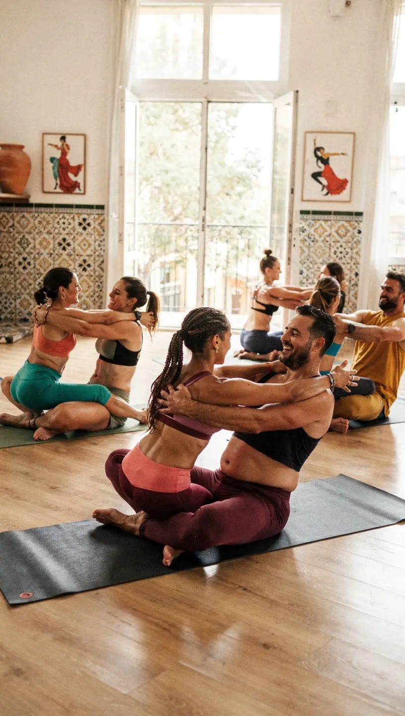 Grupo de personas realizando estiramientos profundos en un ambiente cálido y acogedor.