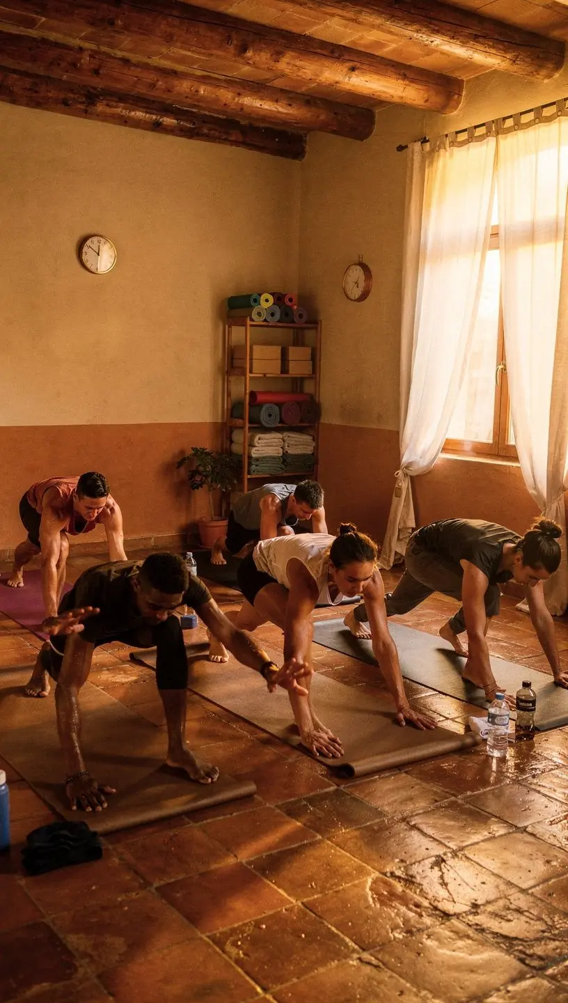 Grupo de personas realizando estiramientos profundos en un ambiente cálido y acogedor.