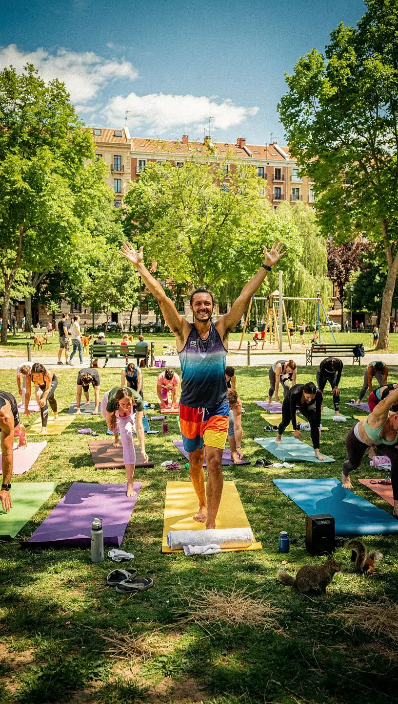 Grupo de personas realizando estiramientos profundos en un ambiente cálido y acogedor.