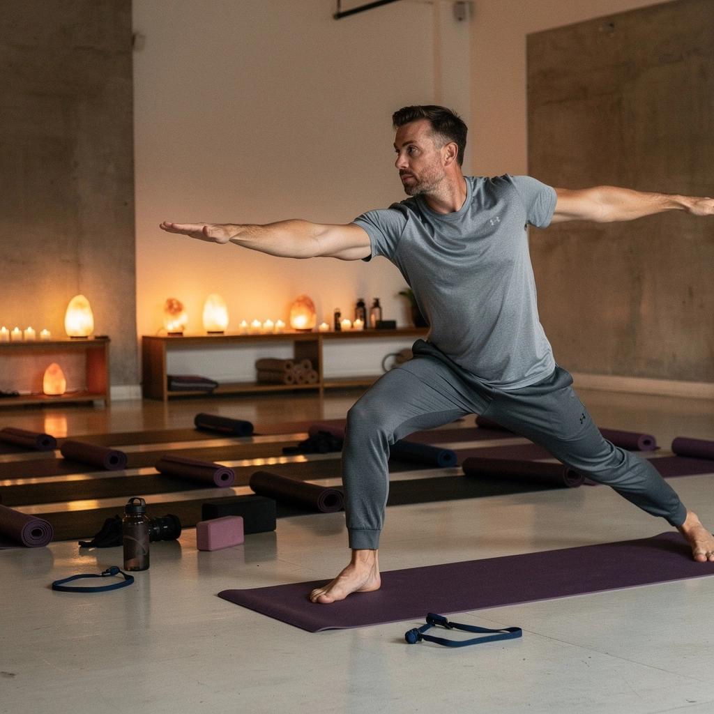 Mantas y bloques de yoga organizados en un estudio preparado para la clase.